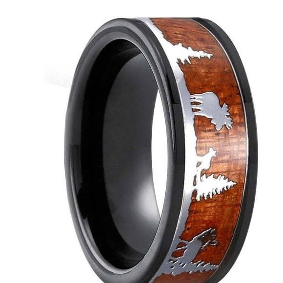 Oliver Black Tungsten Men's Ring; Wood Inlay; Moose Sillouette - Atlers-Trees - Picture 3 of 6